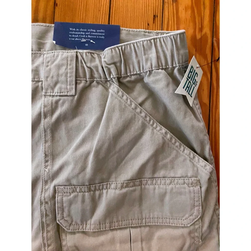 NWT Croft & Barrow Mens Big & Tall Side-Elastic Cargo Shorts Tan Khaki Cotton 48